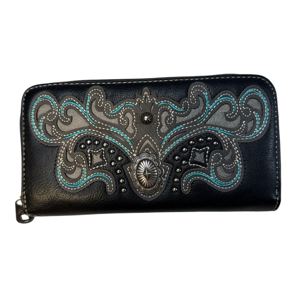 American Bling Western Wallet Wristlet Black Turquoise Concho Studded Zip